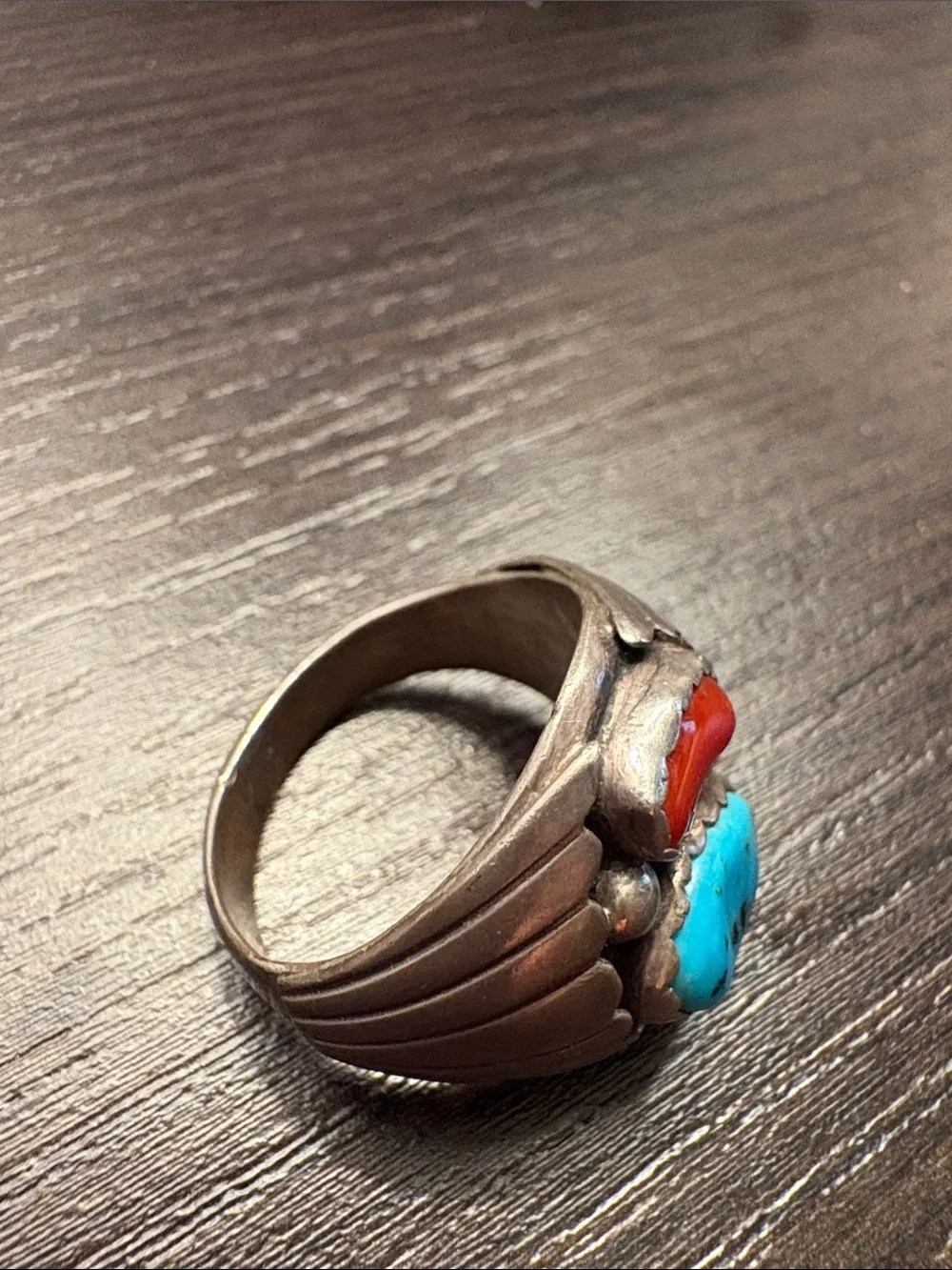 Vintage Navajo Sterling Silver Turquoise and Coral Shadowbox Ring Men’s 9.5-10.5